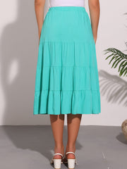 Midi Solid Elastic Waist Flare Tiered Long Pockets A-Line Skirt
