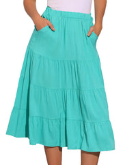 Midi Solid Elastic Waist Flare Tiered Long Pockets A-Line Skirt