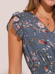 Floral Flutter Sleeve V Neck Smocked Ruffle Dress