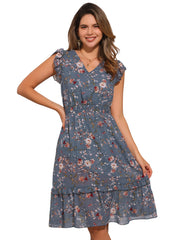 Floral Flutter Sleeve V Neck Smocked Ruffle Dress