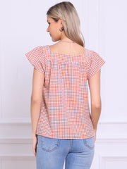 Square Neck Short Sleeves Gingham Plaid Blouse