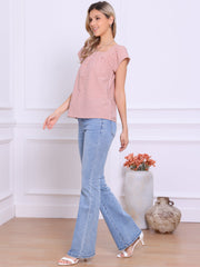 Square Neck Short Sleeves Gingham Plaid Blouse