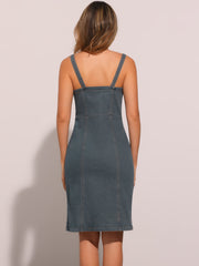 Button Down Denim Sleeveless Sweetheart Neck Jeans Dress