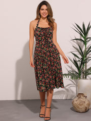 Halter Neck Floral Summer Sundress Sleeveless Lace Up Midi Dress