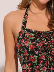 Halter Neck Floral Summer Sundress Sleeveless Lace Up Midi Dress