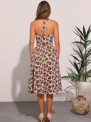 Halter Neck Floral Summer Sundress Sleeveless Lace Up Midi Dress