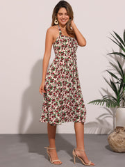 Halter Neck Floral Summer Sundress Sleeveless Lace Up Midi Dress