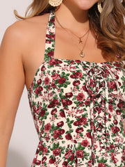 Halter Neck Floral Summer Sundress Sleeveless Lace Up Midi Dress