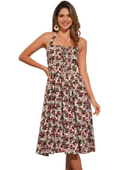 Halter Neck Floral Summer Sundress Sleeveless Lace Up Midi Dress