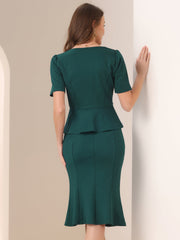 2PCS Square Neck Peplum Blouse Fishtail Bodycon Skirt Business Set