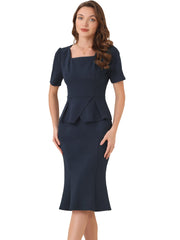 2PCS Square Neck Peplum Blouse Fishtail Bodycon Skirt Business Set