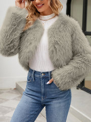 Long Sleeves Open Front Cropped Faux Fur Jacket