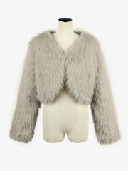Long Sleeves Open Front Cropped Faux Fur Jacket