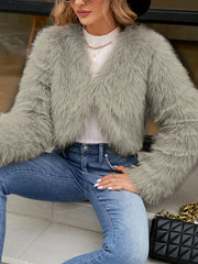 Long Sleeves Open Front Cropped Faux Fur Jacket
