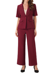 2 Pieces One Button Short Sleeve Blazer Jacket and Suit Pants Office Suit Set