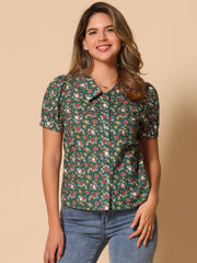 Puff Sleeve Shirt Point Collar Top Button Down Floral Blouse