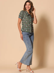 Puff Sleeve Shirt Point Collar Top Button Down Floral Blouse