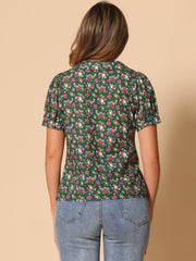 Puff Sleeve Shirt Point Collar Top Button Down Floral Blouse