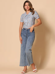 Puff Sleeve Shirt Point Collar Top Button Down Floral Blouse