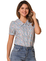 Puff Sleeve Shirt Point Collar Top Button Down Floral Blouse