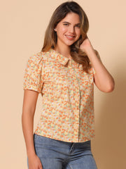 Puff Sleeve Shirt Point Collar Top Button Down Floral Blouse