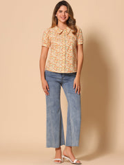 Puff Sleeve Shirt Point Collar Top Button Down Floral Blouse