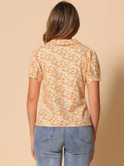 Puff Sleeve Shirt Point Collar Top Button Down Floral Blouse