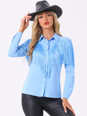 Glitter Fringe Long Sleeve Button Down Disco Party Cowgirl Blouse