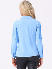 Glitter Fringe Long Sleeve Button Down Disco Party Cowgirl Blouse