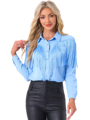 Glitter Fringe Long Sleeve Button Down Disco Party Cowgirl Blouse