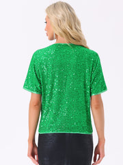 Sequin Top Round Neck Short Sleeve Party Clubwear Blouse