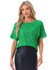 Sequin Top Round Neck Short Sleeve Party Clubwear Blouse
