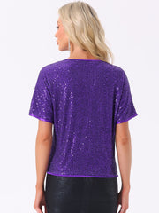 Sequin Top Round Neck Short Sleeve Party Clubwear Blouse