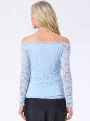Off Shoulder Floral Lace Top Sheer Long Sleeves Casual Blouse