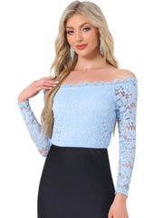 Off Shoulder Floral Lace Top Sheer Long Sleeves Casual Blouse