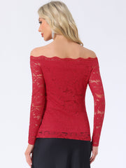 Off Shoulder Floral Lace Top Sheer Long Sleeves Casual Blouse