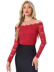 Off Shoulder Floral Lace Top Sheer Long Sleeves Casual Blouse