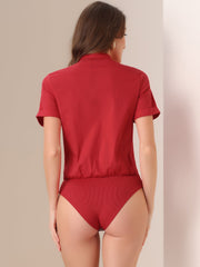 Button Down Stand Collar Short Sleeve Office Work Shirt Bodysuits