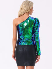 Sparkly Sequin One Shoulder Puff Long Sleeve Shimmer Tops