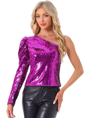 Sparkly Sequin One Shoulder Puff Long Sleeve Shimmer Tops
