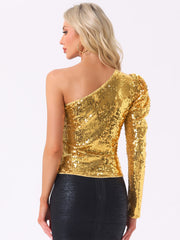 Sparkly Sequin One Shoulder Puff Long Sleeve Shimmer Tops
