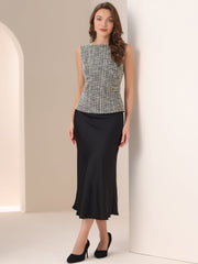 Tweed Plaid Sleeveless Crew Neck Buckle Decor Blouse