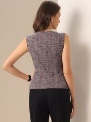 Tweed Plaid Sleeveless Crew Neck Buckle Decor Blouse
