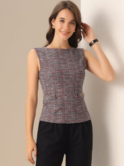 Tweed Plaid Sleeveless Crew Neck Buckle Decor Blouse