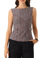 Tweed Plaid Sleeveless Crew Neck Buckle Decor Blouse