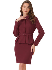 2pc Business Suits Belted Peplum Blazer Jacket and Pencil Skirt Sets
