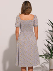 Square Neck Smocked Shirred Puff Sleeves Floral Midi Dress