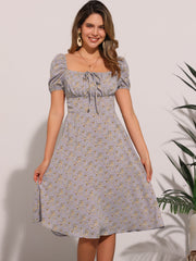 Square Neck Smocked Shirred Puff Sleeves Floral Midi Dress