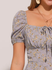 Square Neck Smocked Shirred Puff Sleeves Floral Midi Dress