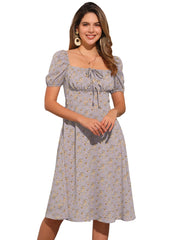 Square Neck Smocked Shirred Puff Sleeves Floral Midi Dress